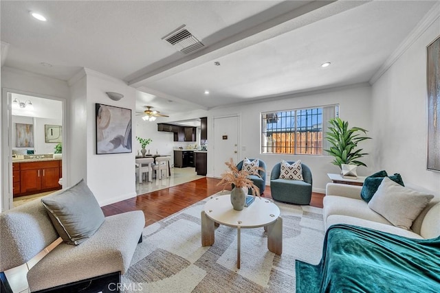 3687 Durfee Ave Unit 3, El Monte, CA 91732 - living area featuring wood finished floors, ornamental molding, recessed lighting, beamed ceiling, and ceiling fan
