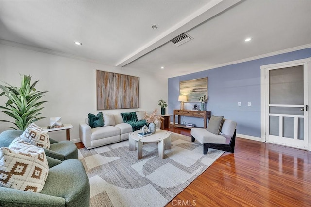 3687 Durfee Ave Unit 3, El Monte, CA 91732 - living area with wood finished floors, beam ceiling, recessed lighting, and ornamental molding
