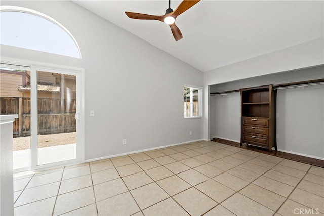 25671 Roylene Dr, Menifee, CA 92586 - unfurnished bedroom featuring high vaulted ceiling, light tile patterned floors, and a ceiling fan