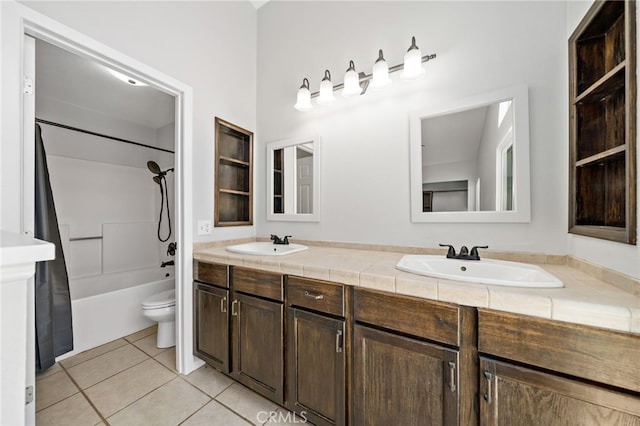 25671 Roylene Dr, Menifee, CA 92586 - full bathroom featuring double vanity, shower / bathtub combination with curtain, and tile patterned floors