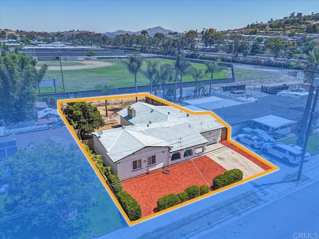1327 Walbollen St, Spring Valley, CA 91977 - aerial view of property and surrounding area with property parcel outlined and a mountain backdrop