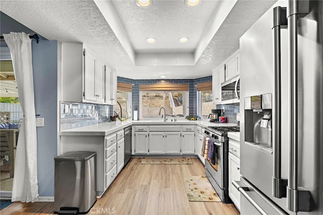 13220 February Dr, Corona, CA 92879 - kitchen with stainless steel appliances, a raised ceiling, light wood-style flooring, light countertops, and healthy amount of natural light