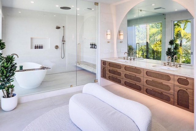 1904 Via Casa Alta, La Jolla, CA 92037 - full bathroom with walk in shower, a freestanding tub, double vanity, tile patterned floors, and recessed lighting