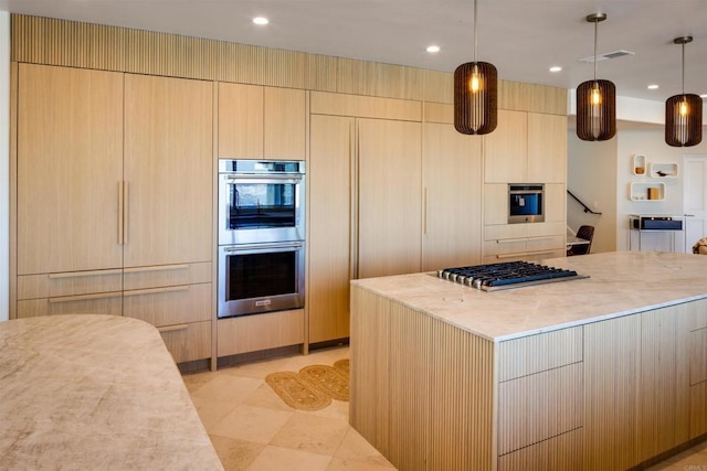 1904 Via Casa Alta, La Jolla, CA 92037 - kitchen featuring stainless steel appliances, hanging light fixtures, light brown cabinetry, recessed lighting, and a spacious island