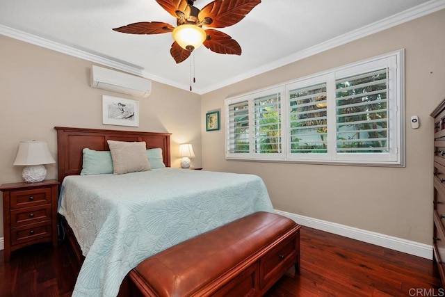 773 Puebla St, Encinitas, CA 92024 - bedroom featuring a wall mounted AC, dark wood-style flooring, crown molding, and a ceiling fan