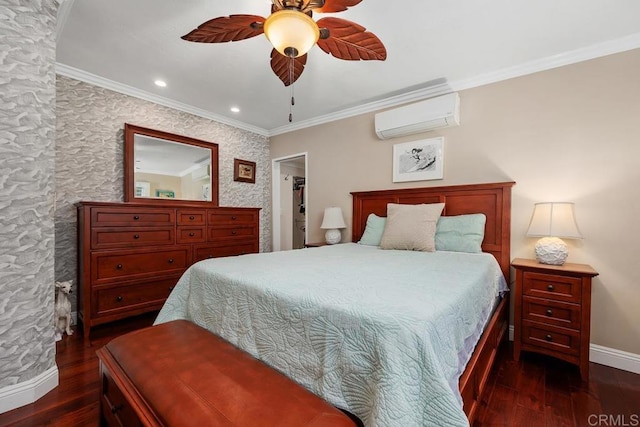 773 Puebla St, Encinitas, CA 92024 - bedroom with an AC wall unit, crown molding, dark wood-style floors, ceiling fan, and recessed lighting
