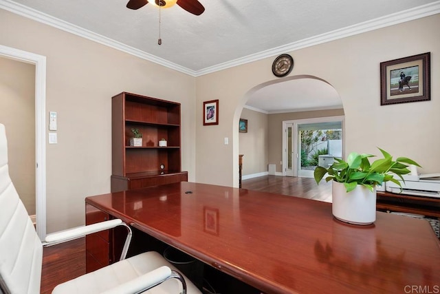 773 Puebla St, Encinitas, CA 92024 - office space featuring arched walkways, wood finished floors, crown molding, and ceiling fan