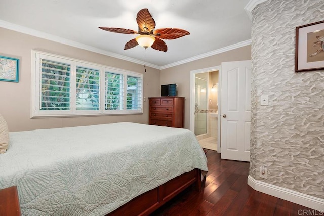 773 Puebla St, Encinitas, CA 92024 - bedroom featuring wood finished floors, ornamental molding, ensuite bathroom, and a ceiling fan