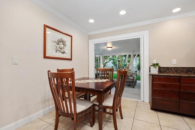 773 Puebla St, Encinitas, CA 92024 - dining room featuring light tile patterned floors, ornamental molding, and recessed lighting
