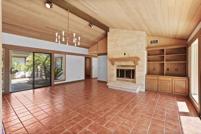 32204 Wiskon Way, Pauma Valley, CA 92061 - unfurnished living room featuring a chandelier, light tile patterned floors, wooden ceiling, and a stone fireplace