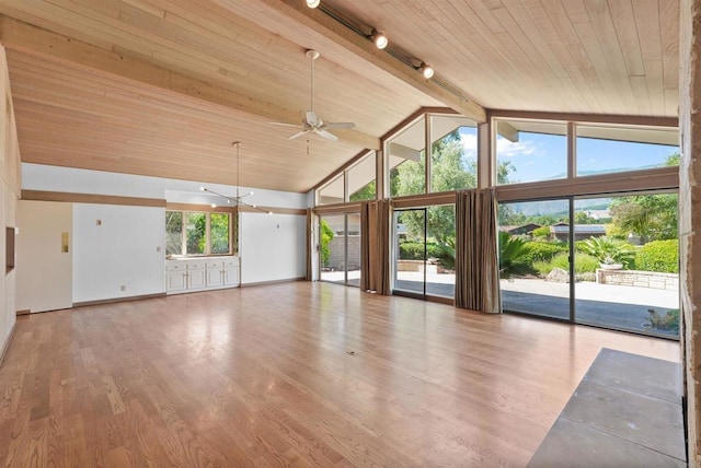 32204 Wiskon Way, Pauma Valley, CA 92061 - unfurnished living room featuring ceiling fan, rail lighting, a wood ceiling with exposed beams, high vaulted ceiling, and wood finished floors