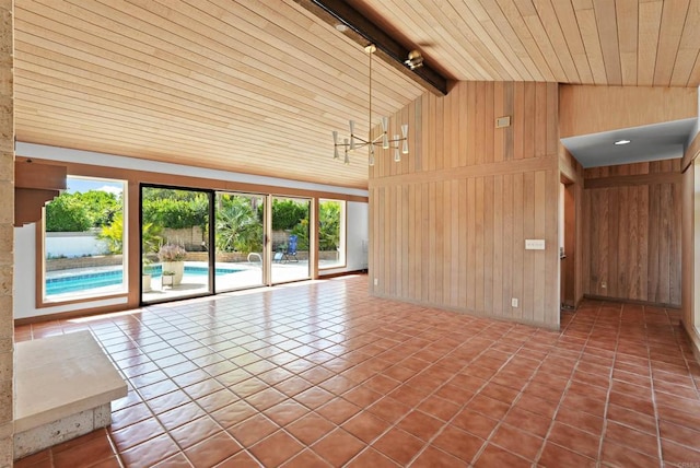 32204 Wiskon Way, Pauma Valley, CA 92061 - unfurnished living room featuring wooden walls, a wood ceiling with exposed beams, tile patterned floors, track lighting, and high vaulted ceiling