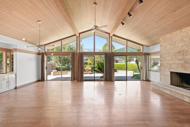 32204 Wiskon Way, Pauma Valley, CA 92061 - unfurnished living room with wooden ceiling, wood finished floors, a ceiling fan, and a fireplace