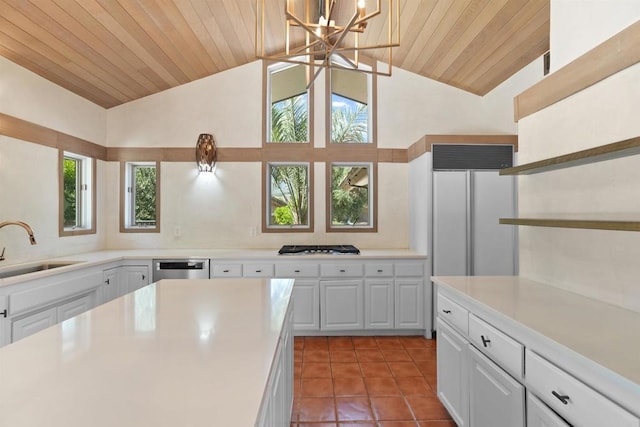 32204 Wiskon Way, Pauma Valley, CA 92061 - kitchen featuring lofted ceiling, a chandelier, wood ceiling, open shelves, and white cabinets