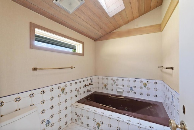 32204 Wiskon Way, Pauma Valley, CA 92061 - full bath with lofted ceiling, a tub with jets, wooden ceiling, and tile walls