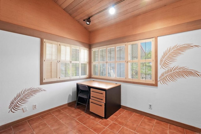 32204 Wiskon Way, Pauma Valley, CA 92061 - unfurnished office with vaulted ceiling, wood ceiling, light tile patterned floors, and track lighting