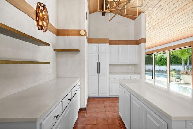 32204 Wiskon Way, Pauma Valley, CA 92061 - kitchen featuring open shelves, wooden ceiling, a chandelier, white cabinetry, and light countertops