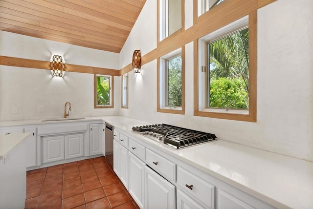 32204 Wiskon Way, Pauma Valley, CA 92061 - kitchen featuring stainless steel appliances, wood ceiling, vaulted ceiling, white cabinetry, and light tile patterned floors