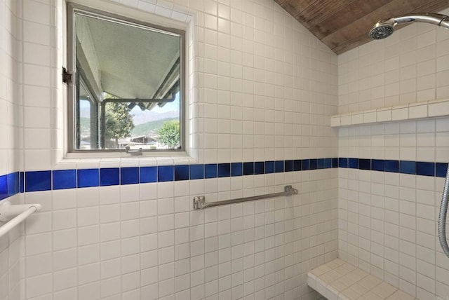 32204 Wiskon Way, Pauma Valley, CA 92061 - bathroom with tiled shower, wooden ceiling, and vaulted ceiling
