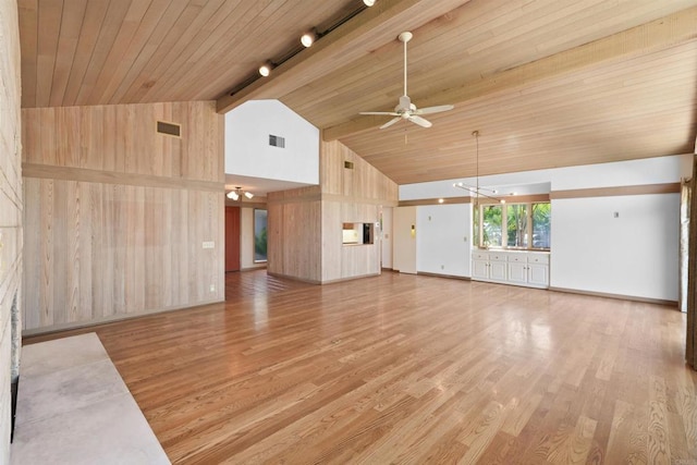 32204 Wiskon Way, Pauma Valley, CA 92061 - unfurnished living room featuring a ceiling fan, light wood finished floors, high vaulted ceiling, beamed ceiling, and track lighting