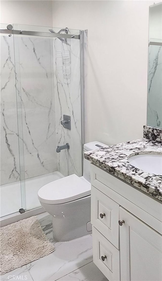 32091 Bayberry Rd, Wildomar, CA 92595 - full bathroom featuring marble look tile flooring, vanity, and a marble finish shower