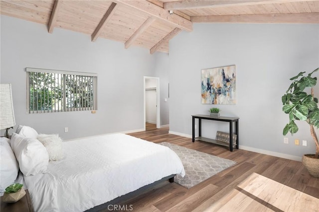 626 Arenas St Unit A, La Jolla, CA 92037 - bedroom featuring a wooden ceiling with exposed beams, wood finished floors, and high vaulted ceiling