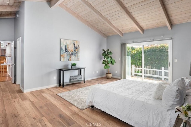 626 Arenas St Unit A, La Jolla, CA 92037 - bedroom with a wood ceiling with exposed beams, light wood-style flooring, access to exterior, and high vaulted ceiling