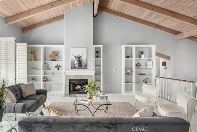 626 Arenas St Unit A, La Jolla, CA 92037 - carpeted living room featuring a wooden ceiling with exposed beams, a fireplace, and high vaulted ceiling