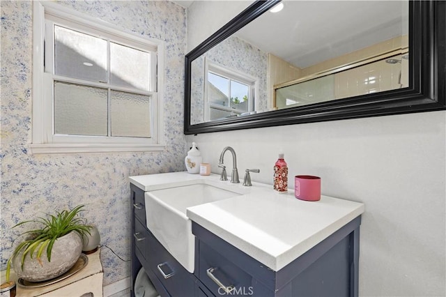 18229 Strathern St, Reseda, CA 91335 - full bathroom with wallpapered walls, vanity, and a shower with shower door
