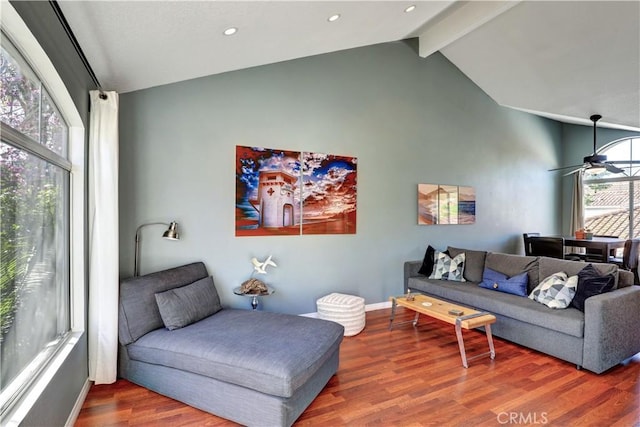 94 Cinnamon Teal, Aliso Viejo, CA 92656 - living room featuring high vaulted ceiling, wood finished floors, beam ceiling, ceiling fan, and recessed lighting