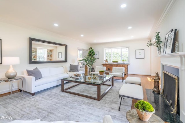 653 Chaucer Rd, San Marino, CA 91108 - living area with crown molding, wood finished floors, recessed lighting, and a fireplace