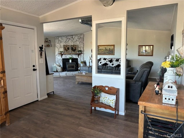 2033 Hollister Rd, Pinon Hills, CA 92372 - living area with a textured ceiling, crown molding, and dark wood-style flooring
