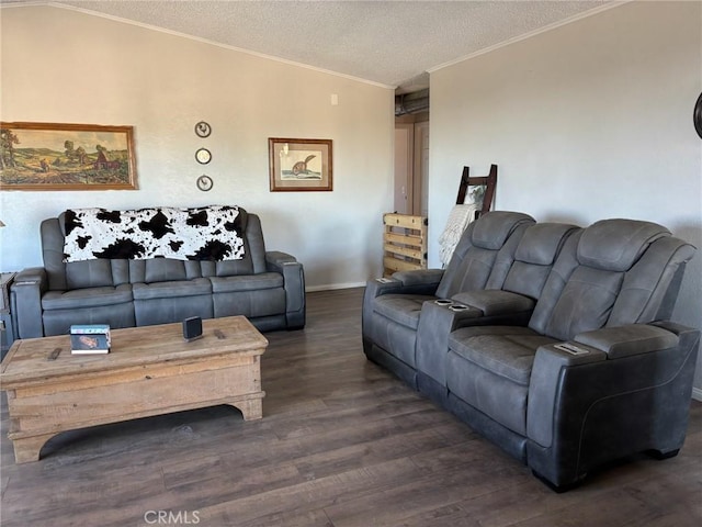 2033 Hollister Rd, Pinon Hills, CA 92372 - living area with crown molding, dark wood-style floors, and a textured ceiling