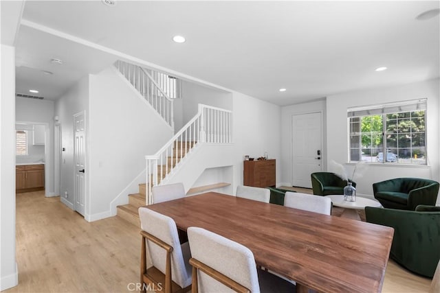 2517 Renata Ct, Thousand Oaks, CA 91362 - dining space featuring stairs, light wood-style flooring, and recessed lighting