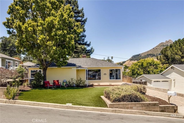 53 Rafael Way, San Luis Obispo, CA 93405 - ranch-style house with a mountain view, stucco siding, a garage, a chimney, and a shingled roof