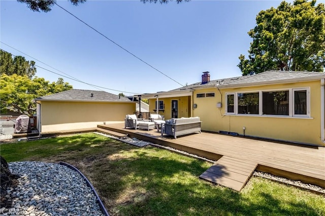 53 Rafael Way, San Luis Obispo, CA 93405 - rear view of property featuring an outdoor hangout area, a yard, a chimney, and a deck