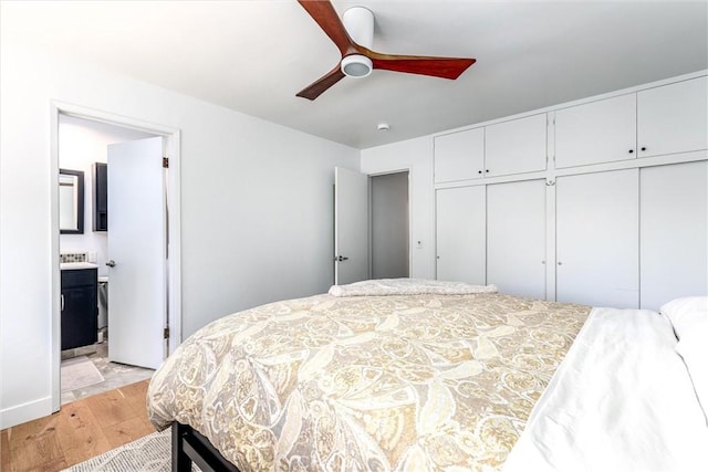 53 Rafael Way, San Luis Obispo, CA 93405 - bedroom featuring light wood-type flooring, ensuite bath, a closet, and ceiling fan