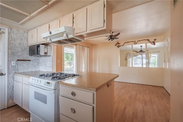 4864 E Mckinnon Dr, Anaheim Hills, CA 92807 - kitchen with white range with gas stovetop, under cabinet range hood, healthy amount of natural light, and light wood-type flooring