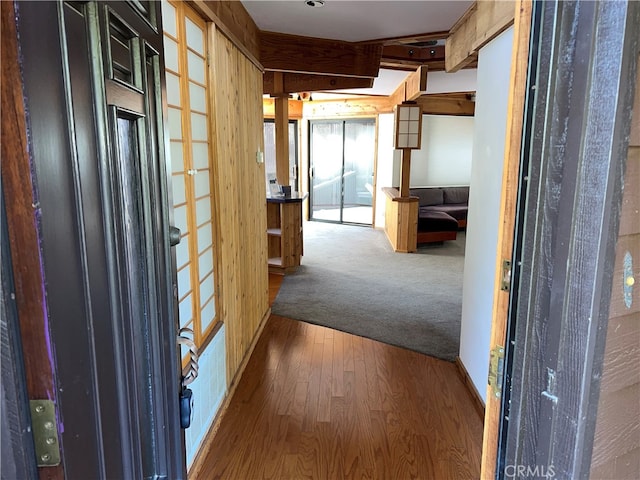 1608 Bradford Rd, Cambria, CA 93428 - hall featuring wood finished floors and carpet flooring