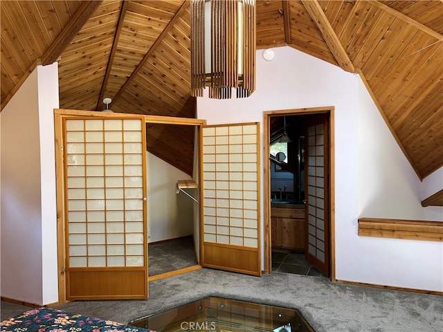 1608 Bradford Rd, Cambria, CA 93428 - unfurnished bedroom with wooden ceiling, carpet floors, and ensuite bathroom