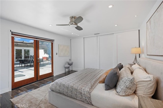 496 E 16th, Costa Mesa, CA 92627 - bedroom featuring access to outside, wood finished floors, recessed lighting, french doors, and ceiling fan