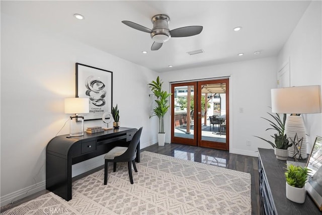 496 E 16th, Costa Mesa, CA 92627 - office space featuring french doors, wood finished floors, a ceiling fan, and recessed lighting