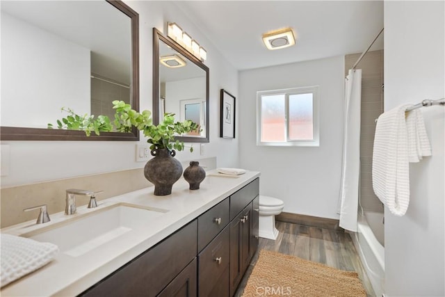 496 E 16th, Costa Mesa, CA 92627 - full bathroom with double vanity, wood finished floors, and shower / bathtub combination with curtain