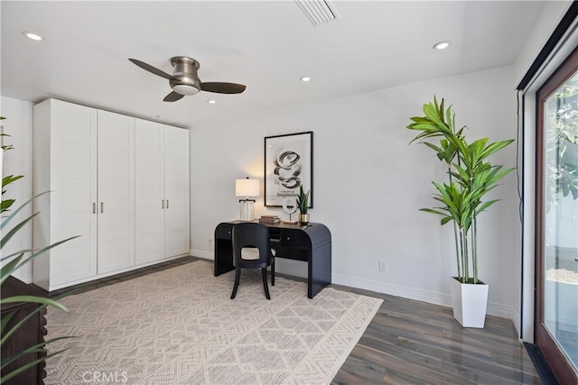 496 E 16th, Costa Mesa, CA 92627 - home office featuring a ceiling fan, wood finished floors, and recessed lighting