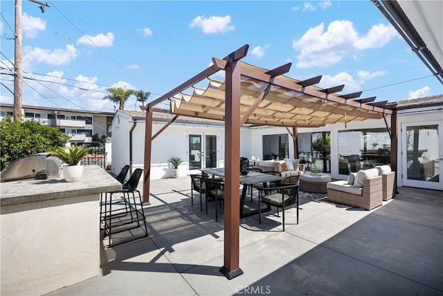 496 E 16th, Costa Mesa, CA 92627 - view of patio / terrace with an outdoor kitchen, a pergola, outdoor lounge area, french doors, and outdoor dining area