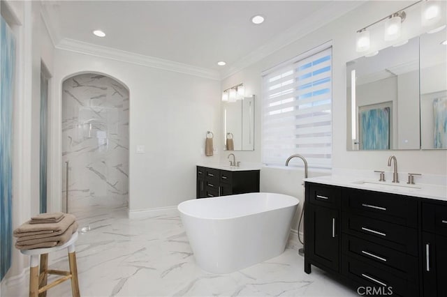 33 Renata, Newport Coast, CA 92657 - full bathroom featuring marble tiled flooring, vanity, a soaking tub, a marble finish shower, and recessed lighting