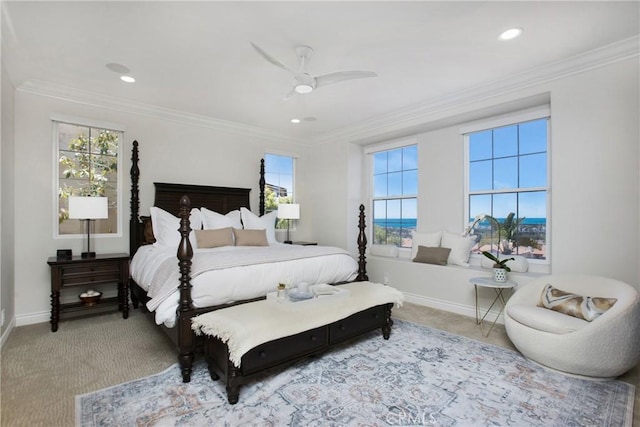 33 Renata, Newport Coast, CA 92657 - carpeted bedroom featuring multiple windows, a ceiling fan, recessed lighting, and crown molding
