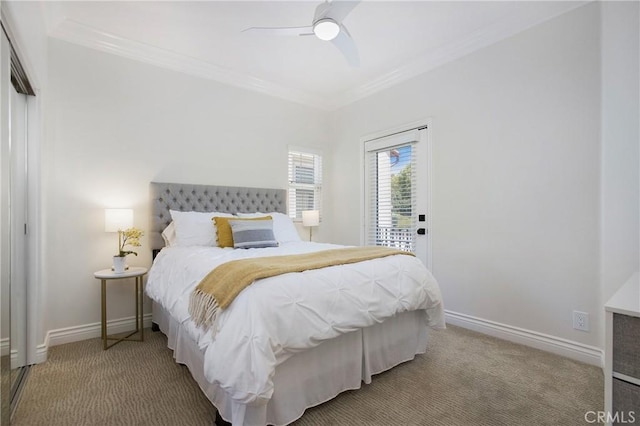 33 Renata, Newport Coast, CA 92657 - bedroom featuring ornamental molding, carpet floors, access to outside, and a ceiling fan