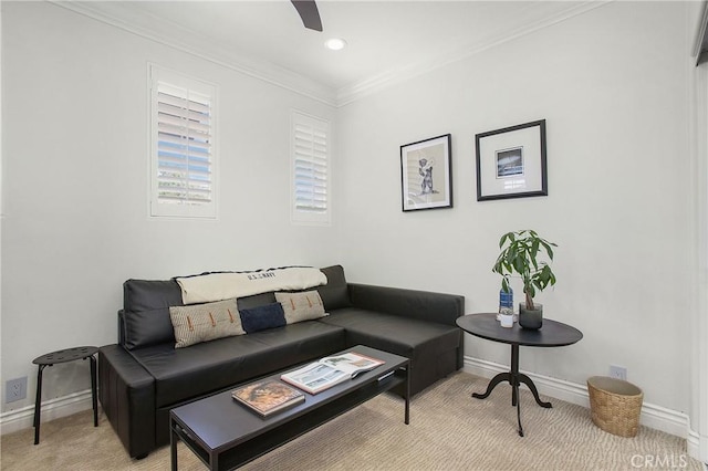 33 Renata, Newport Coast, CA 92657 - living area with light carpet, ornamental molding, a ceiling fan, and recessed lighting