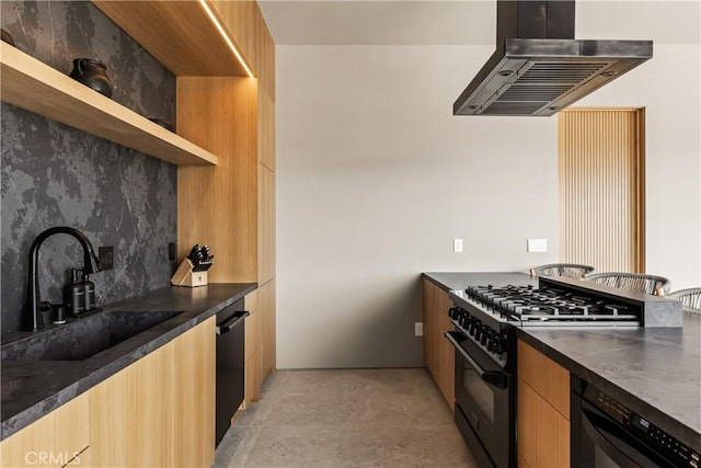 60632 Granville Rd, Joshua Tree, CA 92252 - kitchen with exhaust hood, modern cabinets, black appliances, and dark countertops
